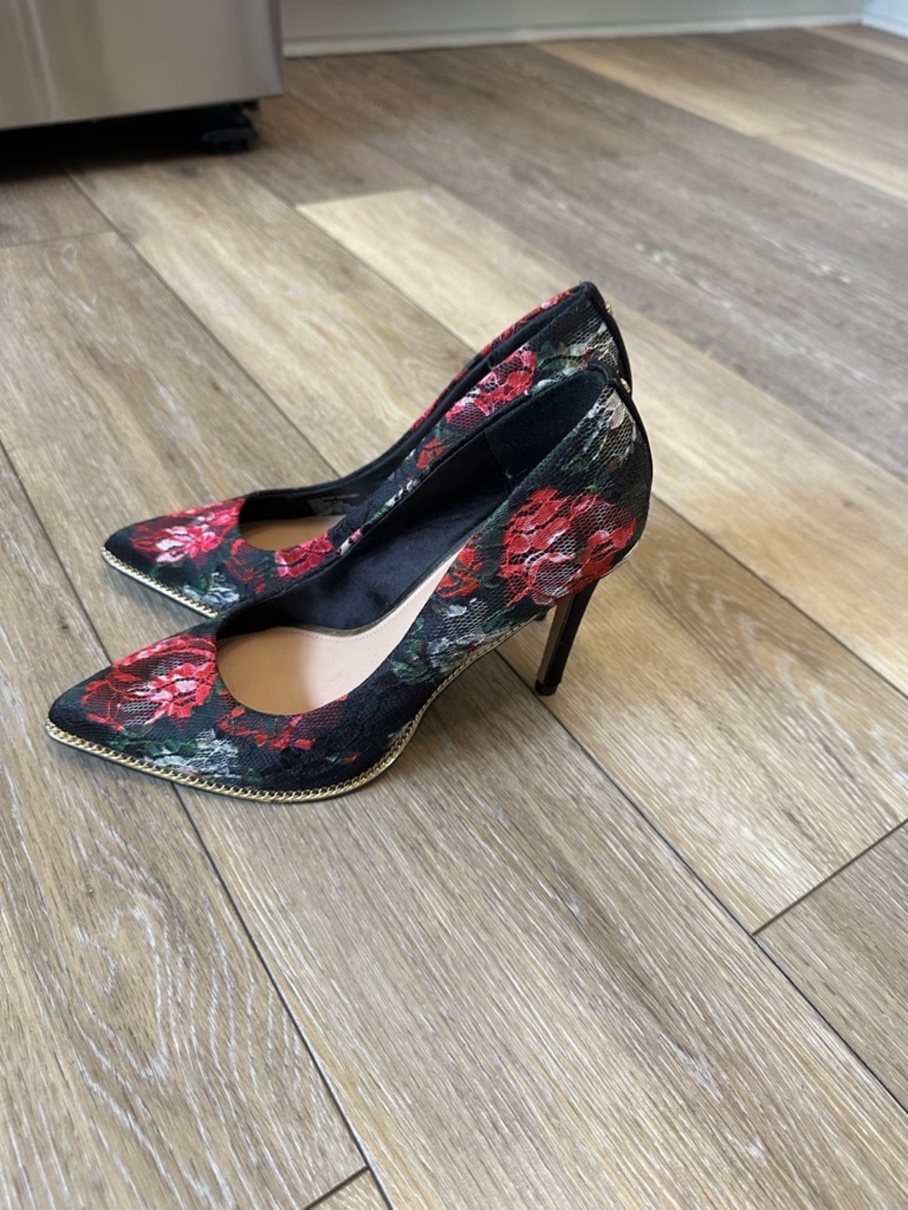 BCBGeneration Harleigh Pointed Toe Black Floral Lace Pumps